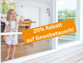 Infobox 20 Prozent Rabatt auf Gewebetausch bei der Schulz-Dobrick GmbH vor Foto von Mädchen, das an Insektenschutzgewebe fasst