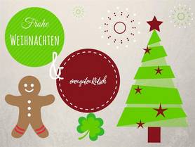Weihnachtskarte der RSD Systeme GmbH mit Frohe Weihnachten und guten Rutsch und Baum und Lebkuchenmann und Gluecksklee 
