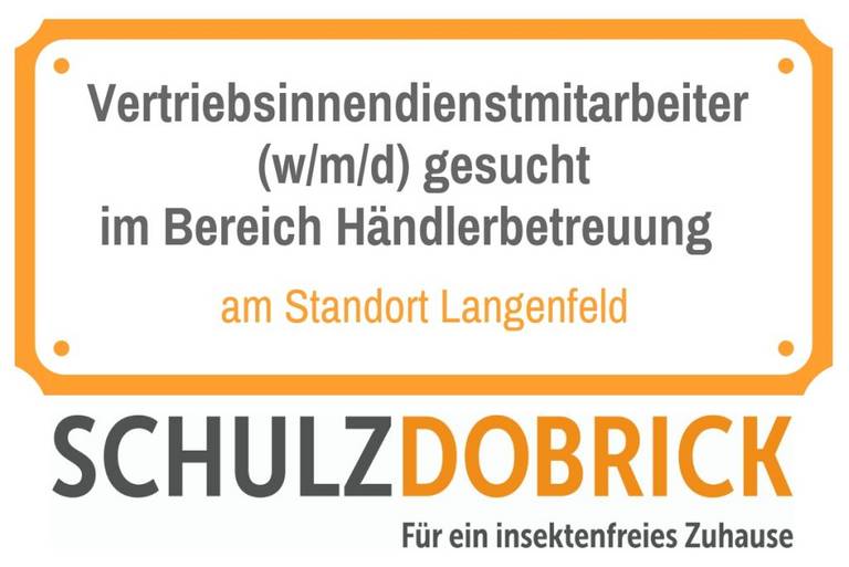 orange-grau-weißes Schild zur Stellenanzeige Vertriebsinnendienstmitarbeiter (w/m/d) gesucht im Bereich Händlerbetreuung der Schulz-Dobrick GmbH