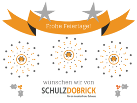 Frohe Feiertage wünscht die Schulz-Dobrick GmbH mit stilisiertem Feuerwerk und Glücksklee 