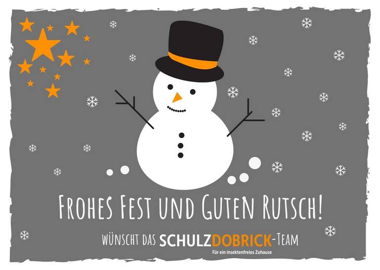 Frohes Fest und guten Rutsch wuenscht das Team der Schulz-Dobrick GmbH mit Schneemann und Sternen und Schneeflocken