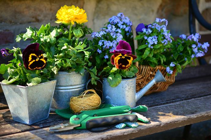 Gartenarbeitstisch mit Blumen in Metallkästen und Schere