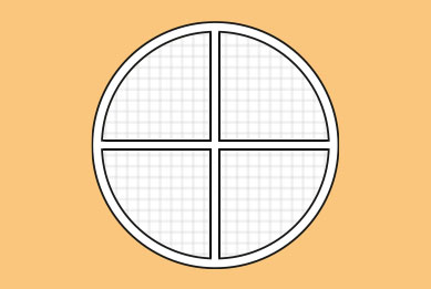 Icon eines runden Fensters mit Fliegengitter auf orangefarbenem Hintergrund
