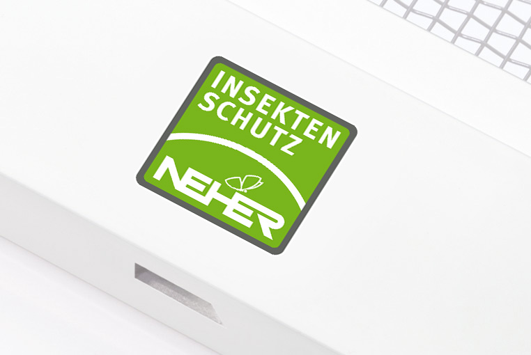 Ansicht eines Insektenschutz-Rahmens mit Neher-Logo